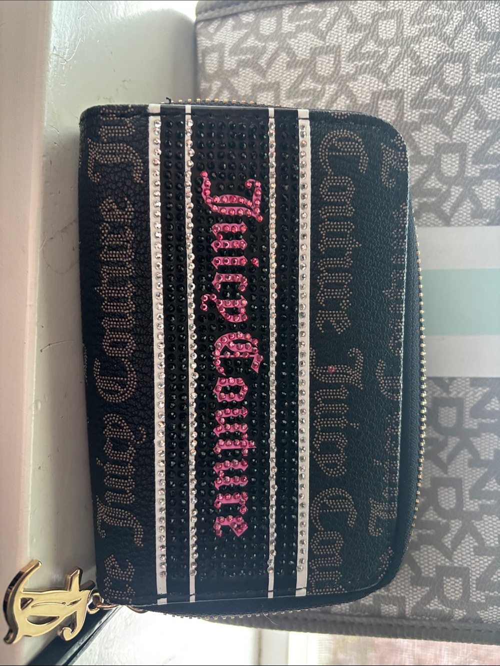 Juicy Couture Black Wallet with Pink Sequin Logo and Silver Accents